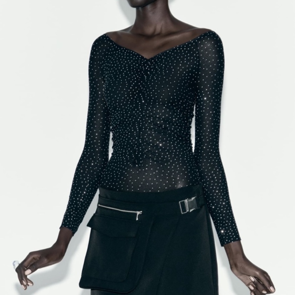 Zara Seamless Rhinestone Mesh Bodysuit size M/L